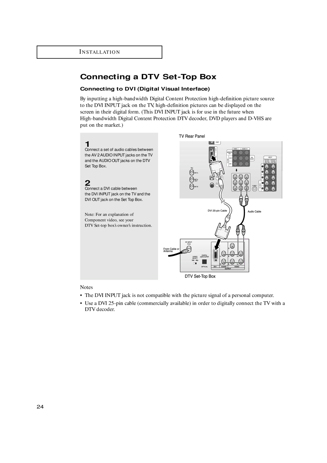 Samsung HCN5529W, HCN479W, HCN559W, HCN529W, HCN659W Connecting a DTV Set-Top Box, Connecting to DVI Digital Visual Interface 