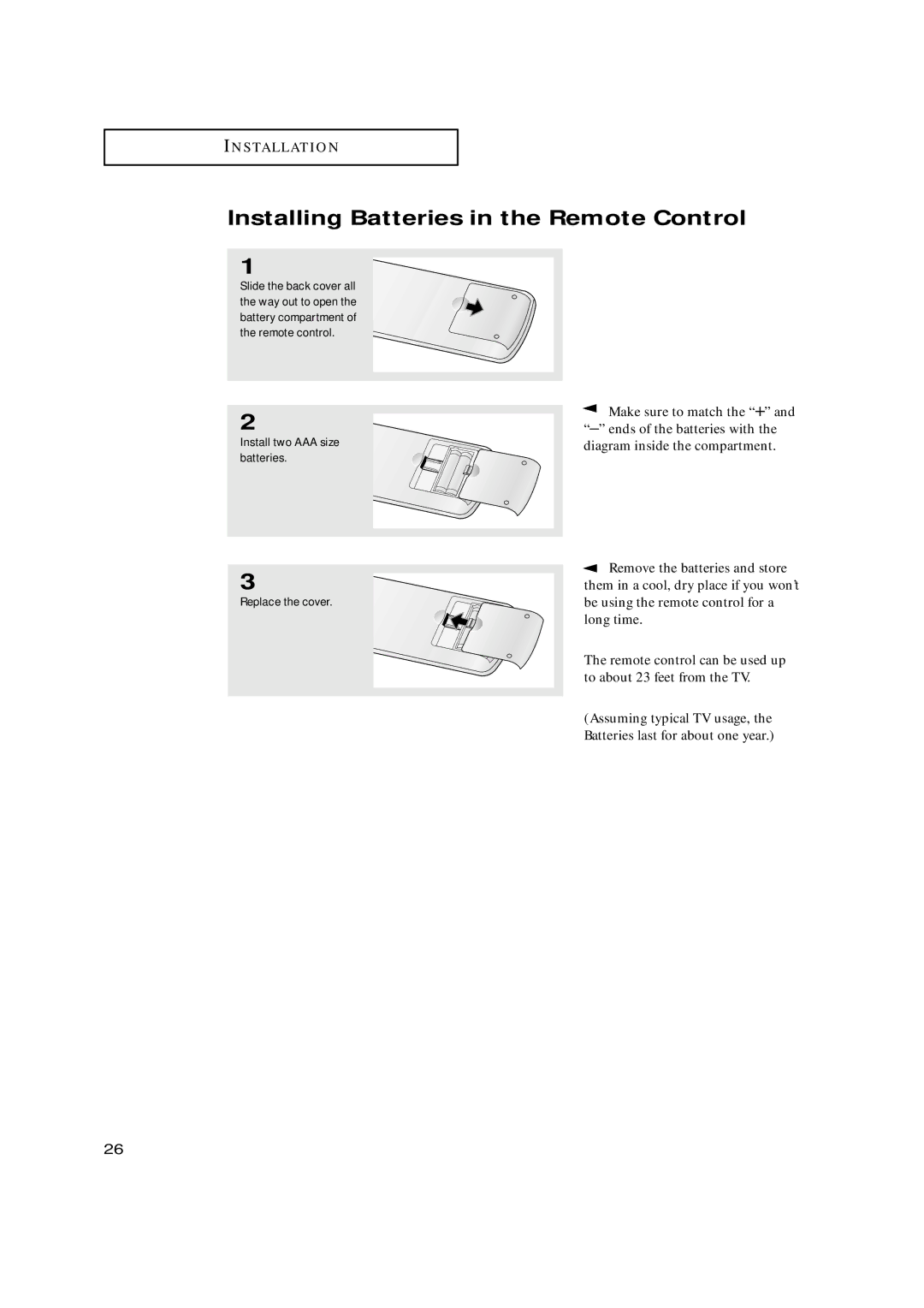 Samsung HCN559W, HCN479W manual Installing Batteries in the Remote Control, Install two AAA size batteries Replace the cover 