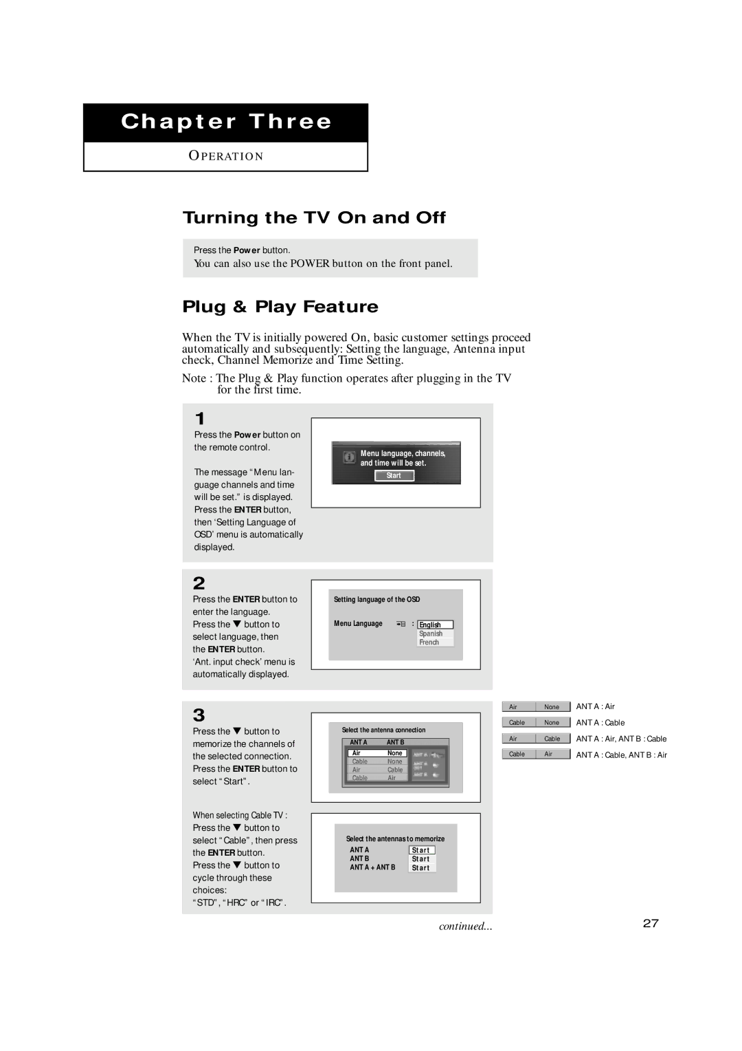 Samsung HCN529W, HCN479W, HCN559W, HCN659W, HCN5529W Turning the TV On and Off, Plug & Play Feature, Press the Power button 