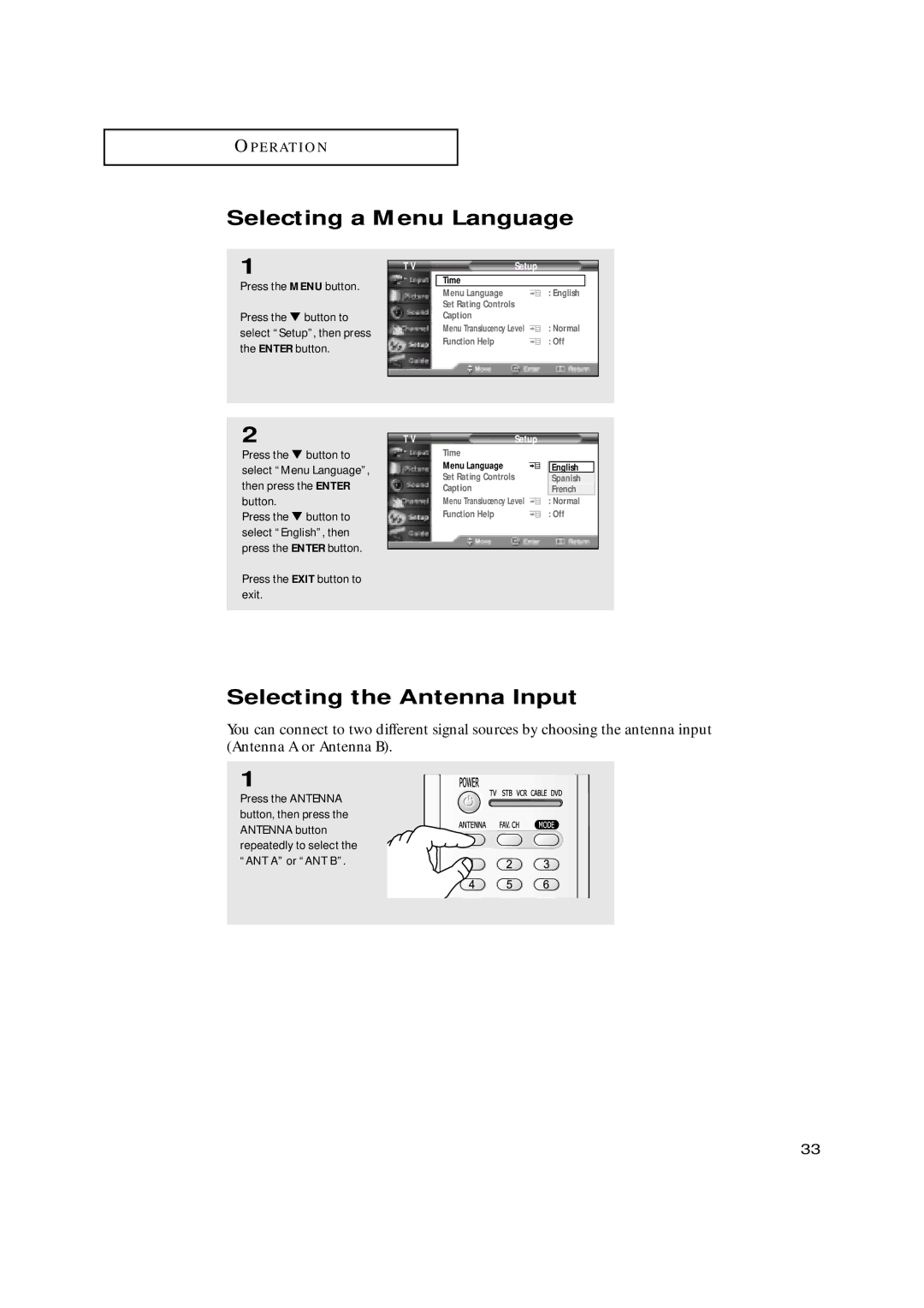 Samsung HCN659W, HCN479W, HCN559W, HCN529W, HCN5529W manual Selecting a Menu Language, Selecting the Antenna Input 