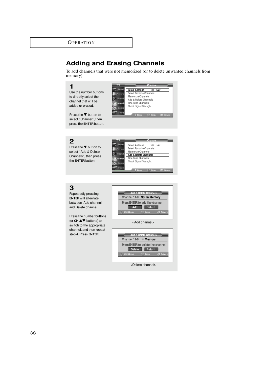 Samsung HCN659W, HCN479W, HCN559W, HCN529W, HCN5529W manual Adding and Erasing Channels, Add channel, Delete channel 