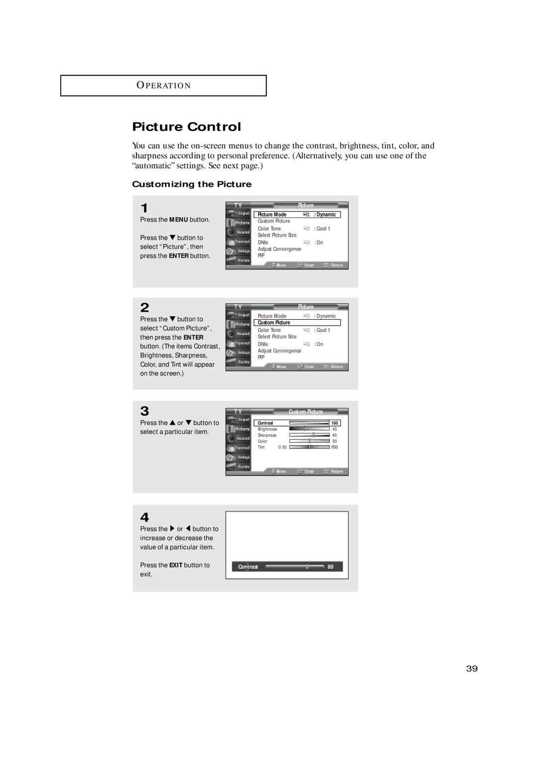 Samsung HCN5529W, HCN479W, HCN559W, HCN529W, HCN659W manual Picture Control, Customizing the Picture 