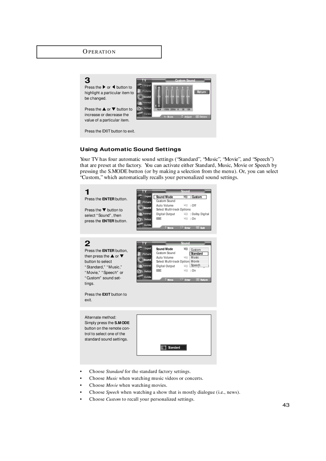 Samsung HCN659W, HCN479W, HCN559W, HCN529W, HCN5529W manual Using Automatic Sound Settings, Press the Exit button to exit 