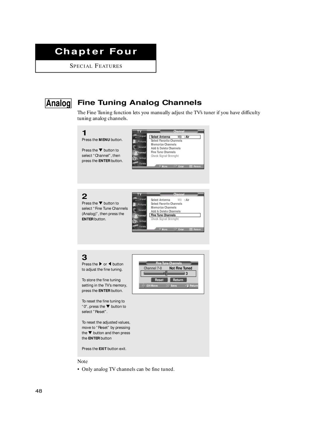 Samsung HCN659W manual Fine Tuning Analog Channels, Press the button to, Select Channel, then, Press the Exit button exit 