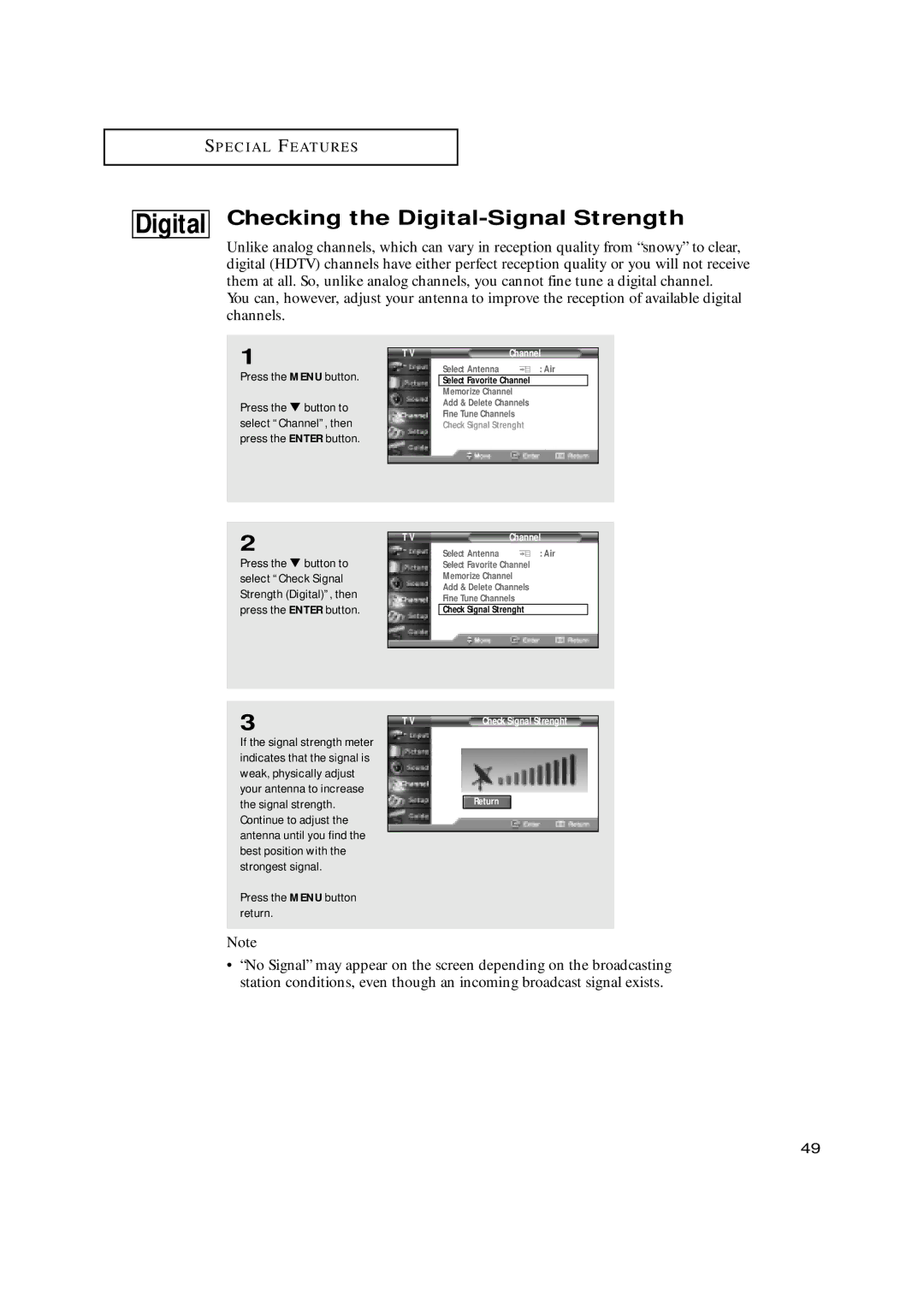 Samsung HCN5529W, HCN479W, HCN559W, HCN529W, HCN659W manual Checking the Digital-Signal Strength, Press the Menu button return 