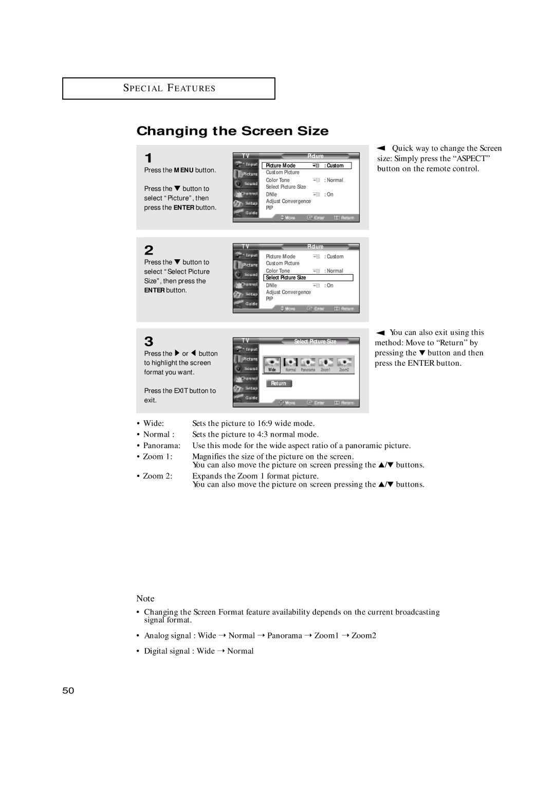 Samsung HCN479W, HCN559W, HCN529W, HCN659W, HCN5529W manual Changing the Screen Size, Quick way to change the Screen 