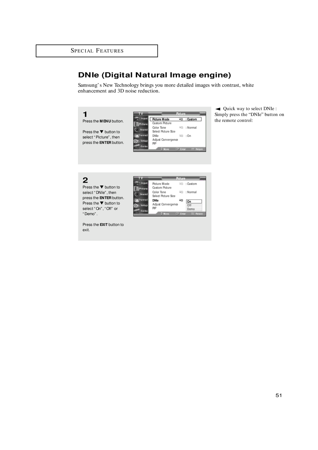 Samsung HCN559W, HCN479W, HCN529W, HCN659W, HCN5529W manual DNIe Digital Natural Image engine 