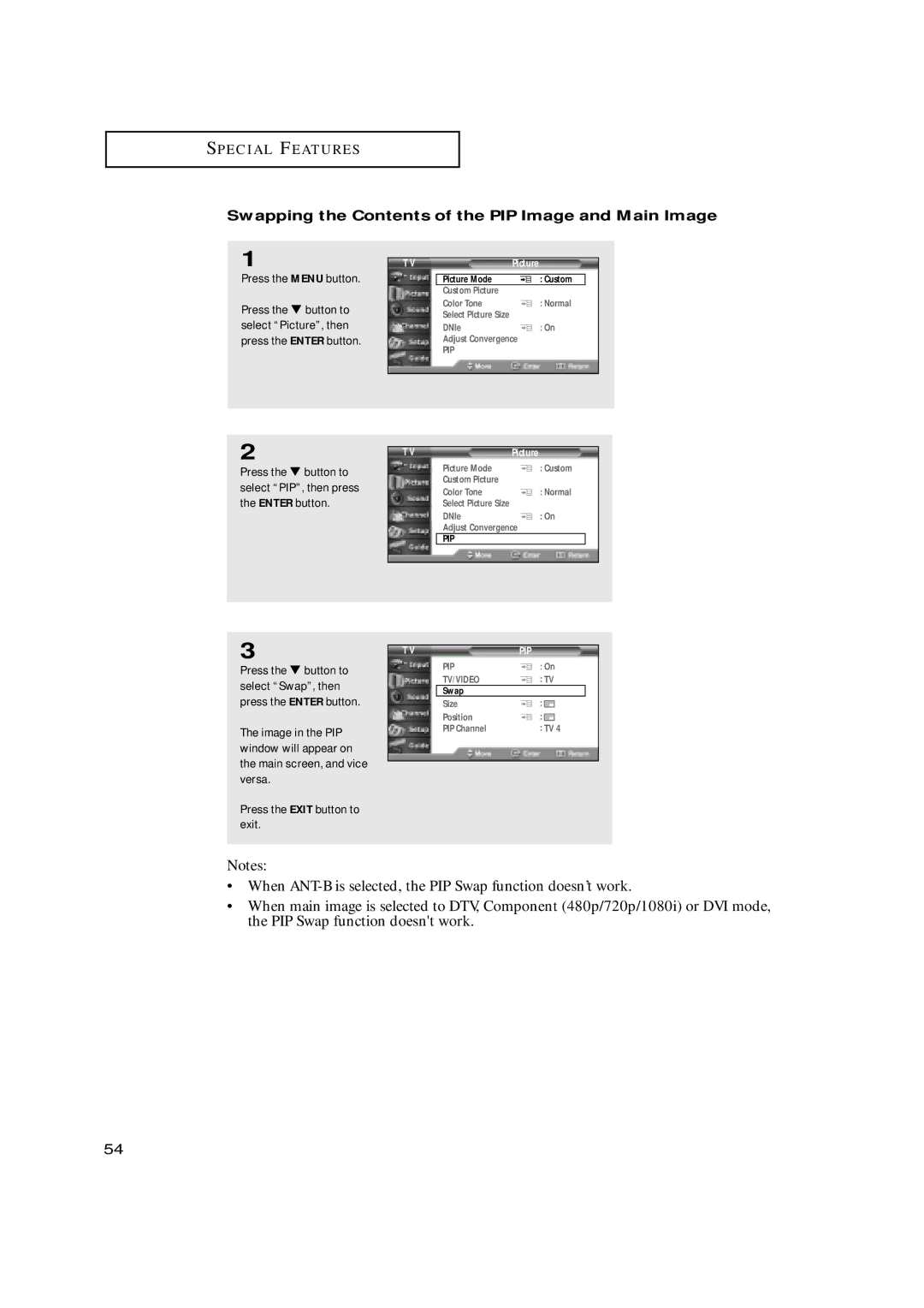 Samsung HCN5529W, HCN479W, HCN559W, HCN529W, HCN659W manual Swapping the Contents of the PIP Image and Main Image 