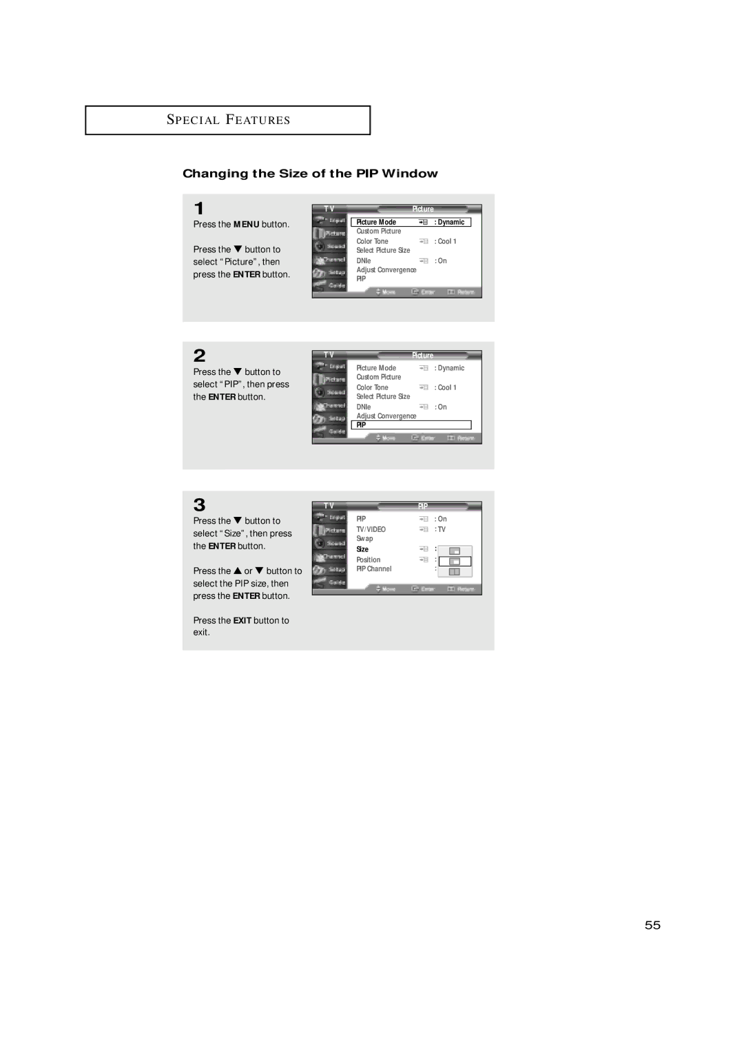 Samsung HCN479W, HCN559W, HCN529W, HCN659W, HCN5529W manual Changing the Size of the PIP Window 