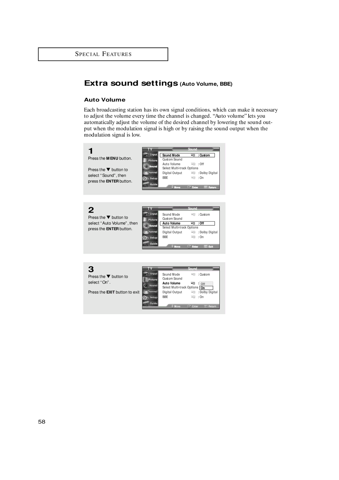 Samsung HCN659W manual Extra sound settings Auto Volume, BBE, Press the button to select On Press the Exit button to exit 