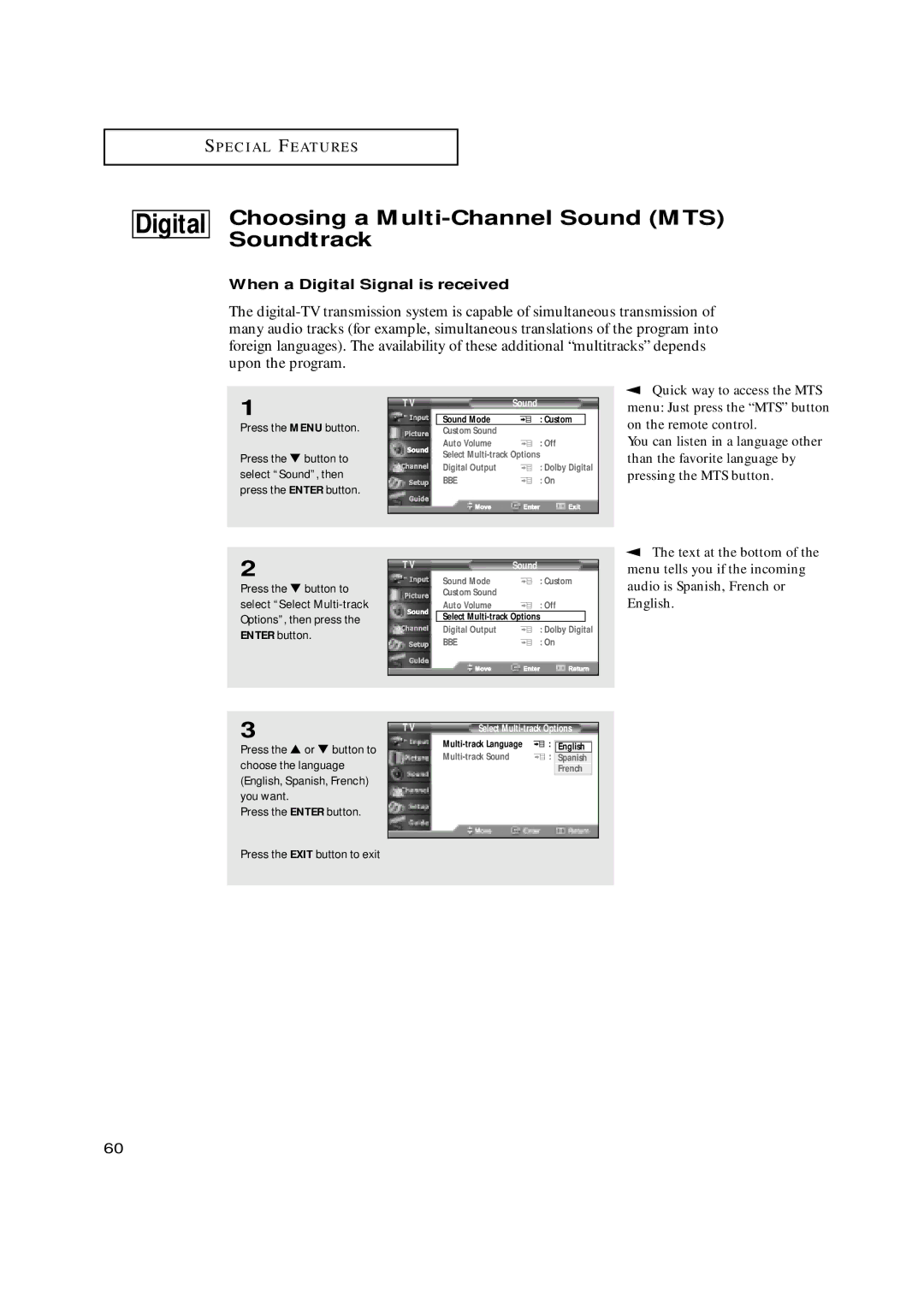 Samsung HCN479W, HCN559W, HCN529W, HCN659W Choosing a Multi-Channel Sound MTS Soundtrack, When a Digital Signal is received 