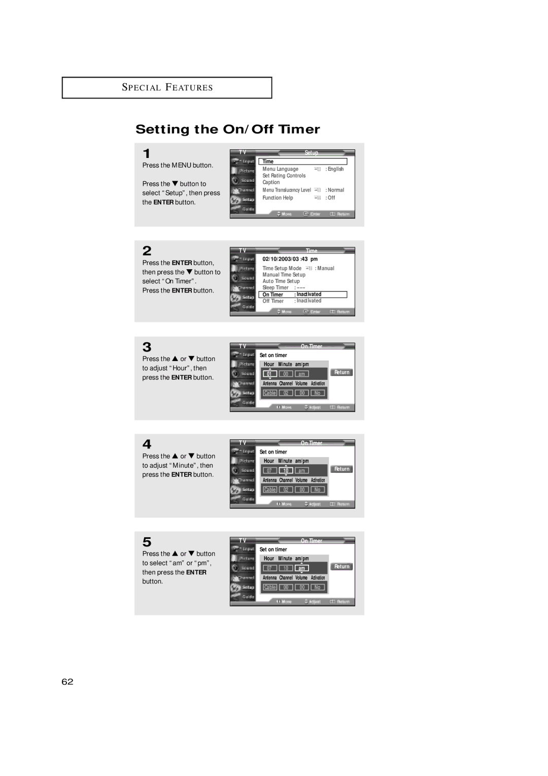 Samsung HCN529W, HCN479W, HCN559W, HCN659W, HCN5529W manual Setting the On/Off Timer, On Timer 