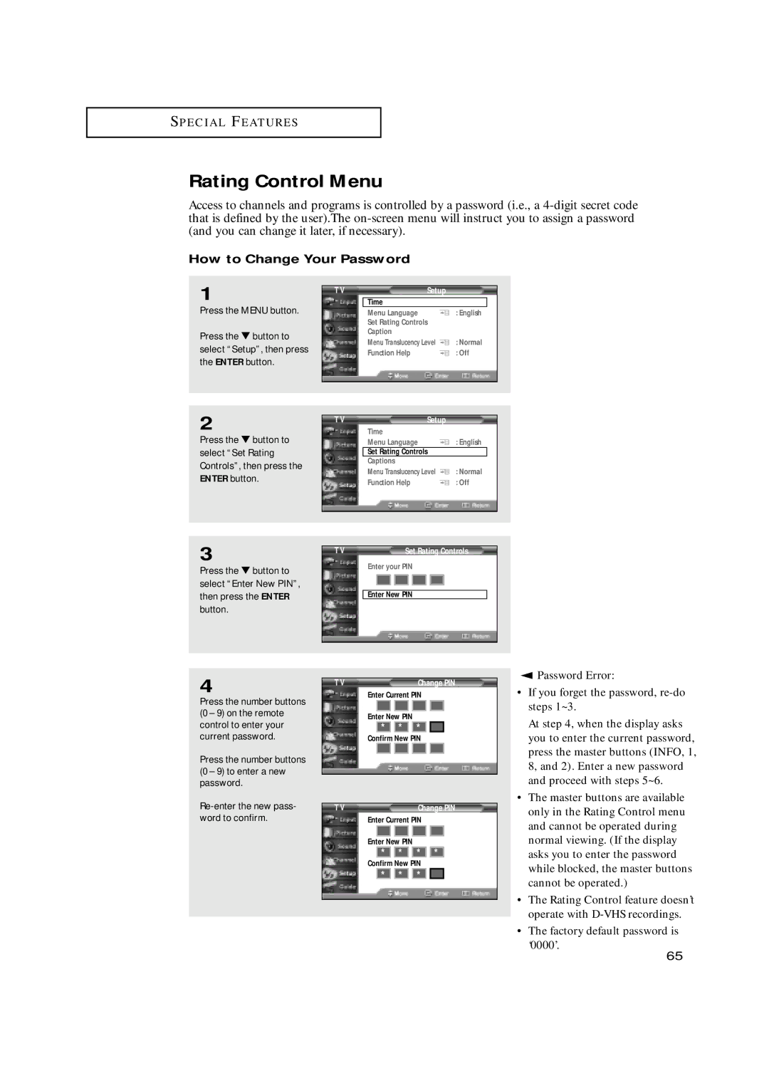 Samsung HCN479W Rating Control Menu, How to Change Your Password, Press the number buttons 0 9 to enter a new password 