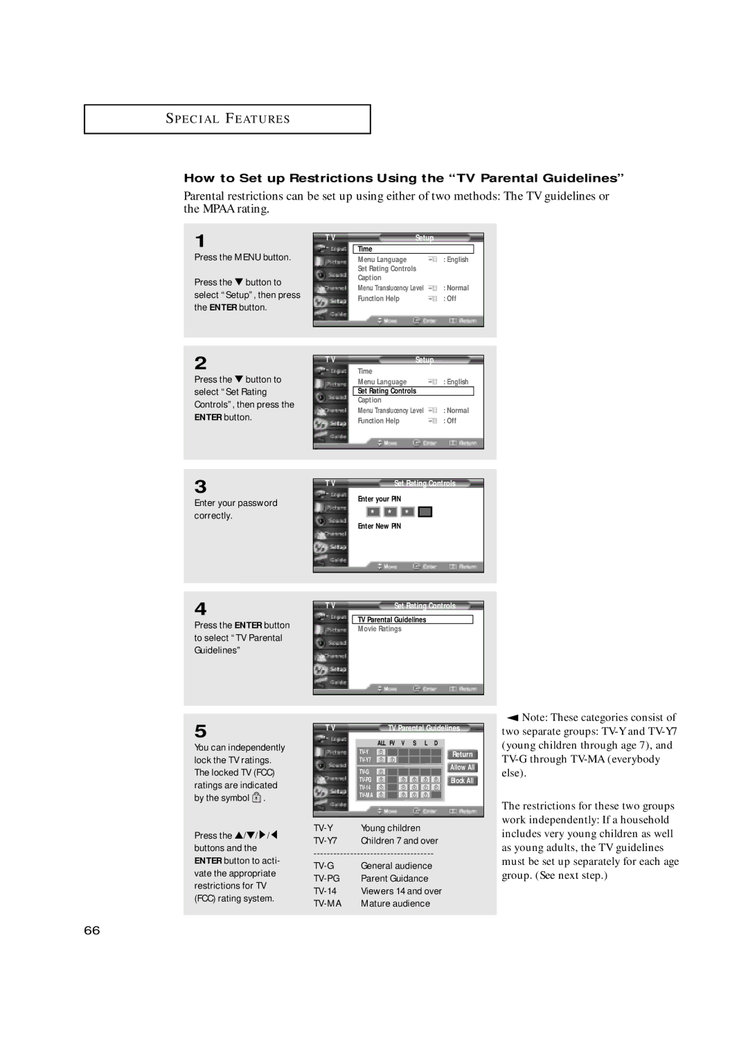 Samsung HCN559W, HCN479W, HCN529W manual How to Set up Restrictions Using the TV Parental Guidelines, TV-G General audience 