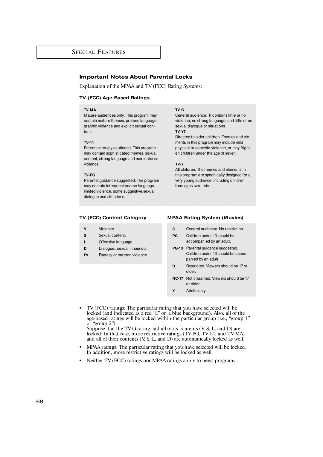 Samsung HCN659W, HCN479W, HCN559W Explanation of the Mpaa and TV FCC Rating Systems, Important Notes About Parental Locks 