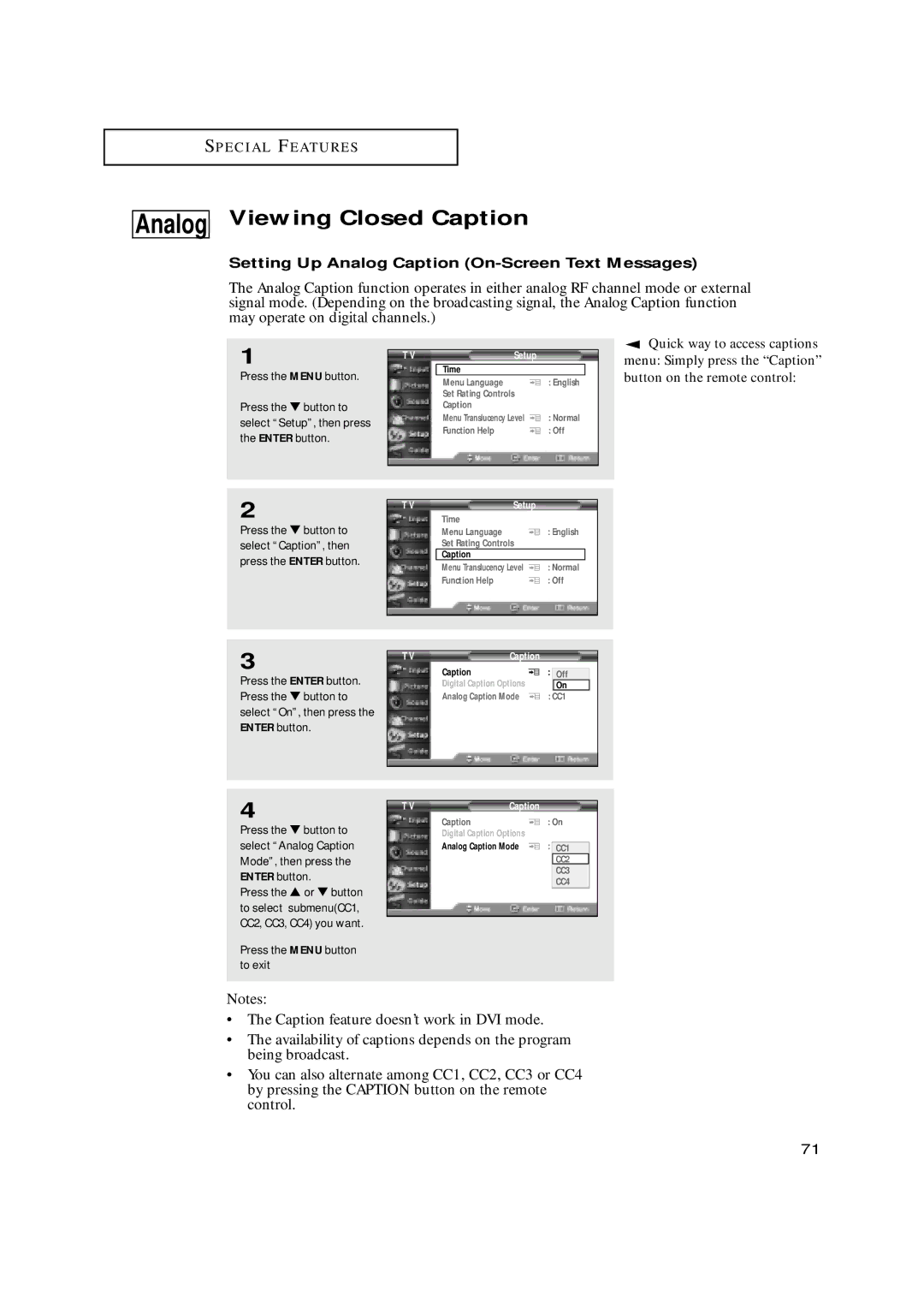 Samsung HCN559W, HCN479W, HCN529W, HCN659W manual Viewing Closed Caption, Setting Up Analog Caption On-Screen Text Messages 