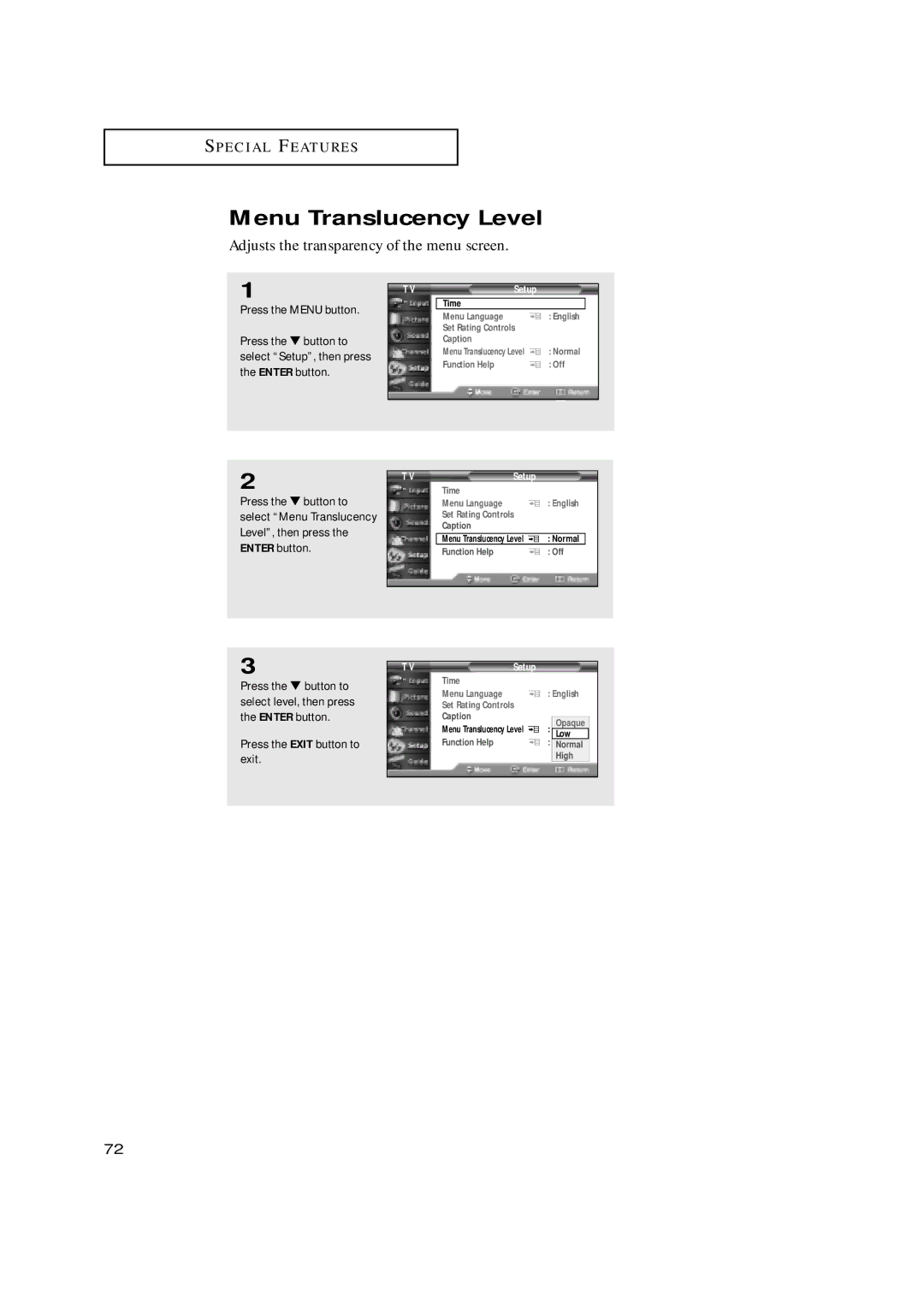 Samsung HCN529W, HCN479W, HCN559W, HCN659W, HCN5529W Menu Translucency Level, Adjusts the transparency of the menu screen 