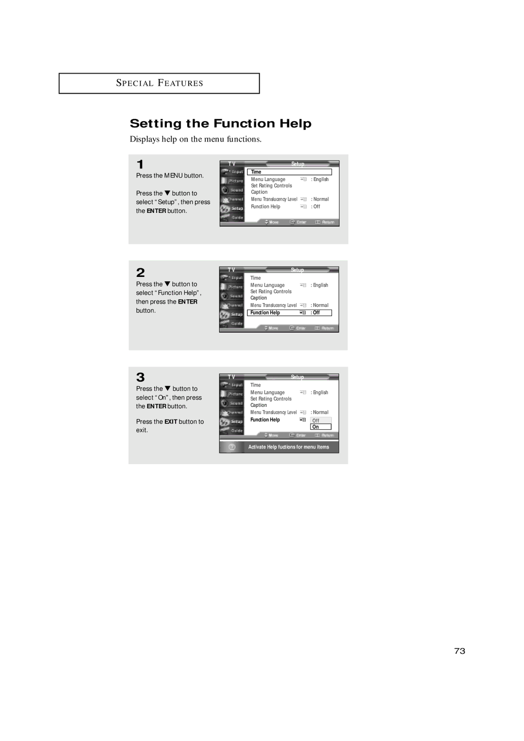 Samsung HCN659W, HCN479W, HCN559W, HCN529W, HCN5529W manual Setting the Function Help, Displays help on the menu functions 