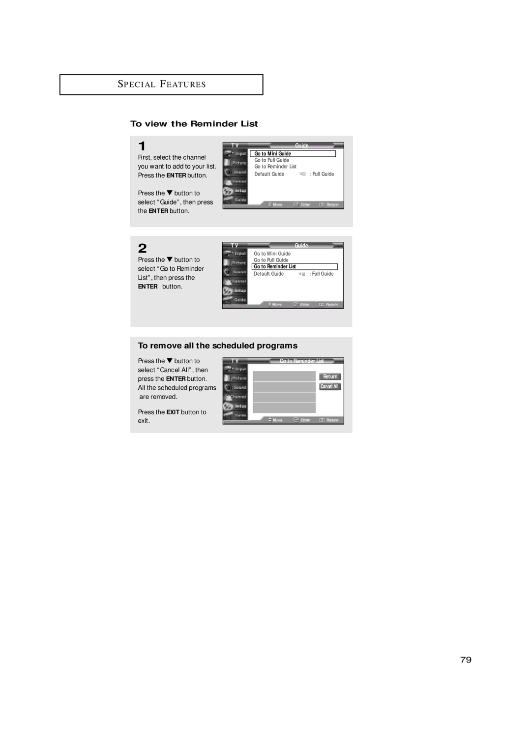 Samsung HCN5529W, HCN479W, HCN559W, HCN529W, HCN659W manual To view the Reminder List, To remove all the scheduled programs 