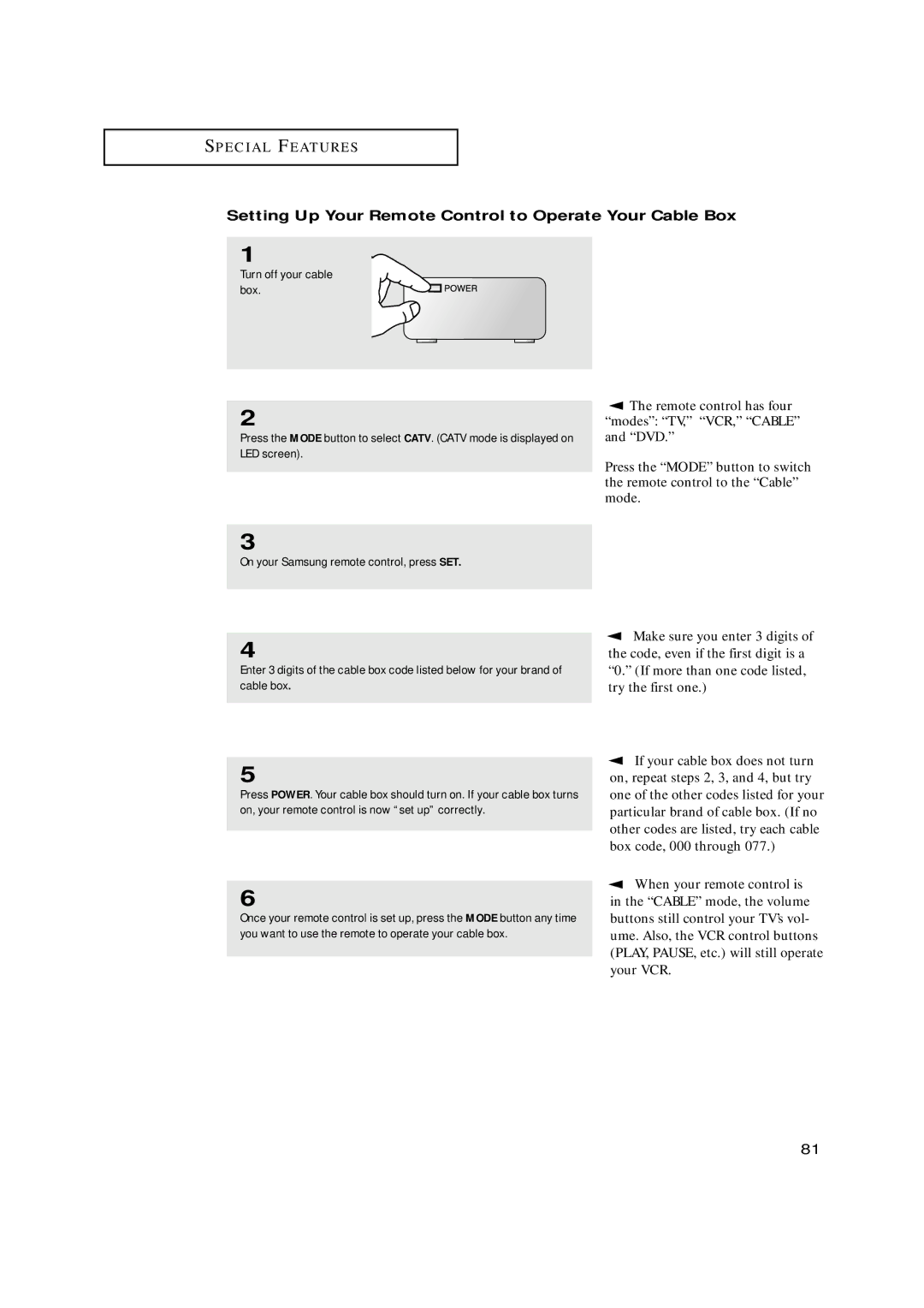 Samsung HCN559W, HCN479W, HCN529W, HCN659W, HCN5529W manual Setting Up Your Remote Control to Operate Your Cable Box 