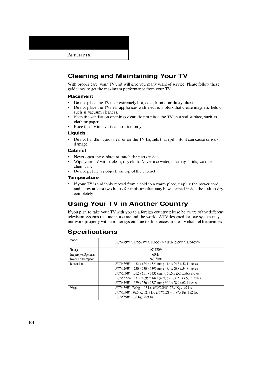 Samsung HCN5529W, HCN479W, HCN559W manual Cleaning and Maintaining Your TV, Using Your TV in Another Country, Specifications 