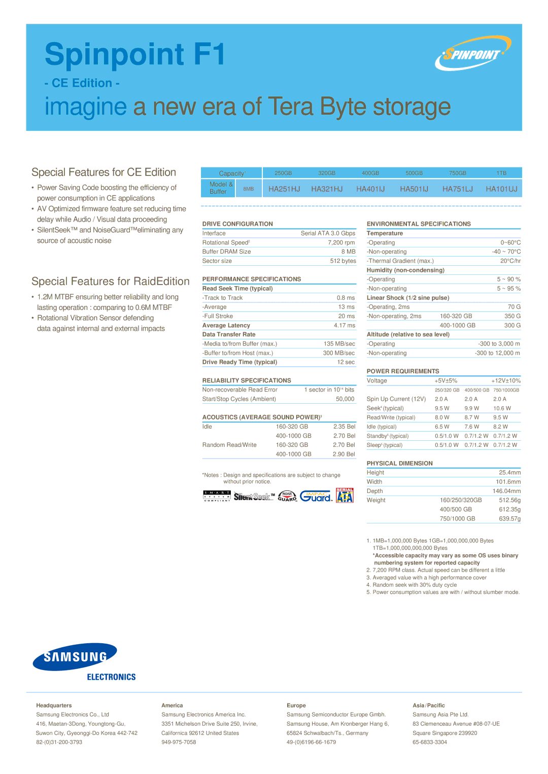 Samsung HD161GJ, F1 manual Performance Specifications, Power Requirements Reliability Specifications, Physical Dimension 