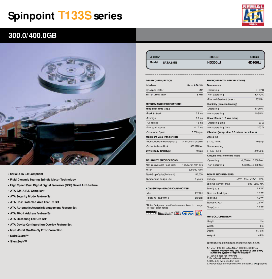 Samsung HM120JC, HD401LJ, MP0402H, HD403LJ, HD501LJ, HD402LJ Spinpoint T133S series, 300.0/400.0GB, SATA,8MB HD300LJ HD400LJ 