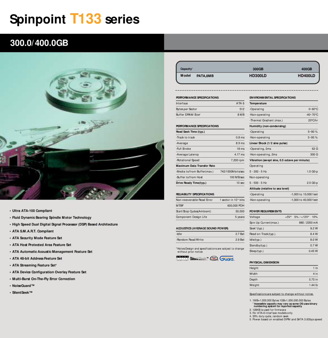 Samsung HM120JI manual Spinpoint T133 series, PATA,8MB HD300LD HD400LD, Ultra ATA-100 Compliant, ATA Streaming Feature Set4 