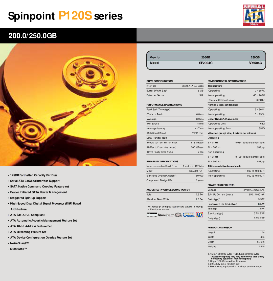 Samsung HM160JI Spinpoint P120S series, 200.0/250.0GB, Staggered Spin-up Support, Architecture, ATA Streaming Feature Set 