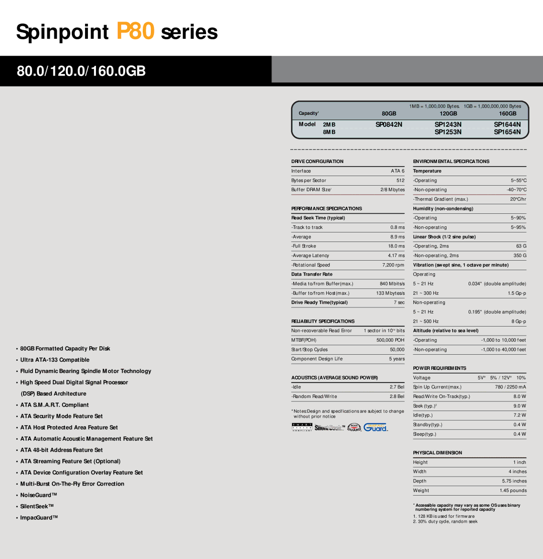 Samsung HM060HC, HD401LJ, HD400LJ, MP0402H, HD403LJ, HD501LJ, HD402LJ, HD500LJ, HM160JC Spinpoint P80 series, 80.0/120.0/160.0GB 