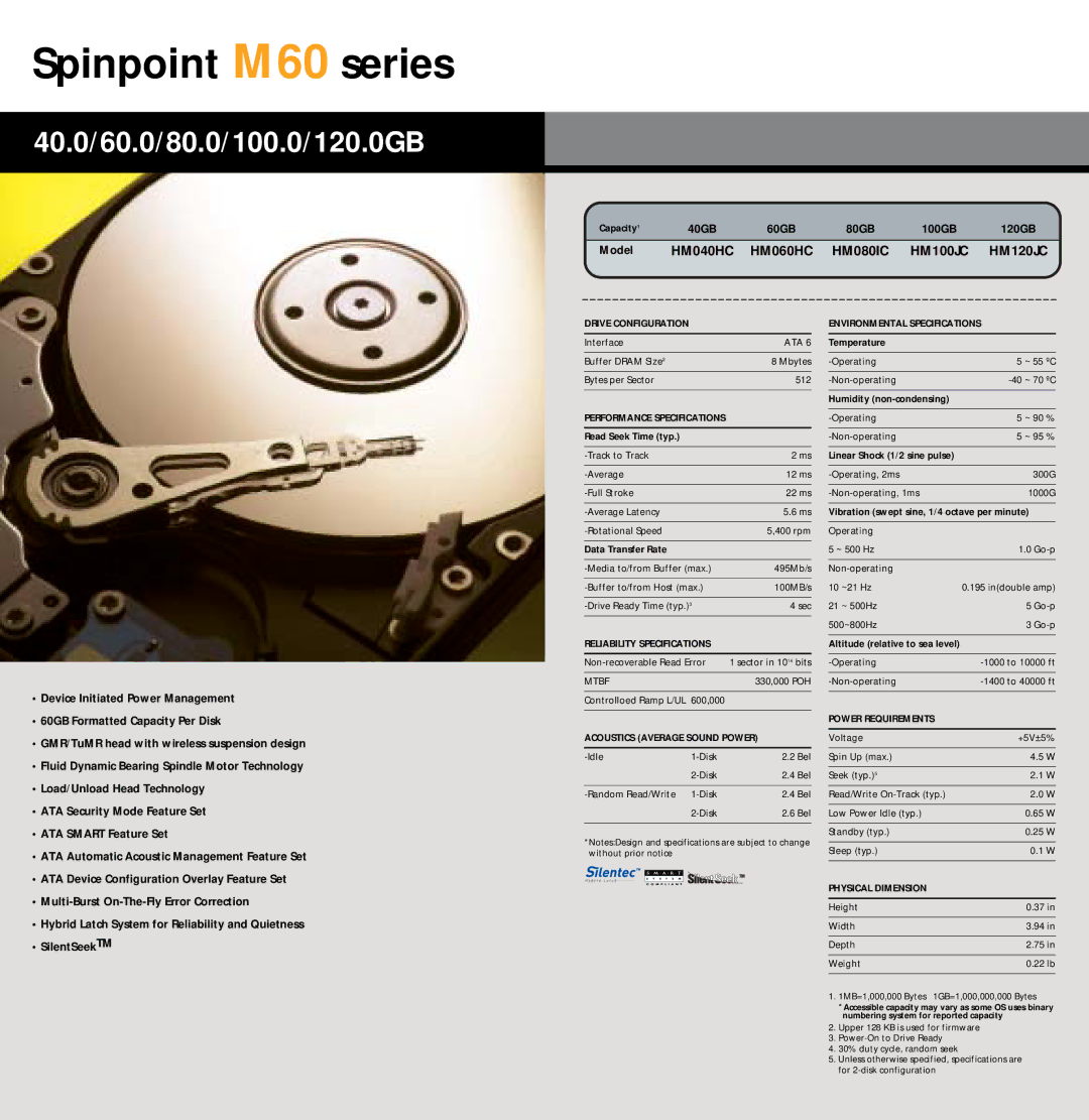 Samsung HM08HHI, HD401LJ, HD400LJ, MP0402H, HD403LJ, HD501LJ Spinpoint M60 series, HM040HC HM060HC HM080IC HM100JC, HM120JC 