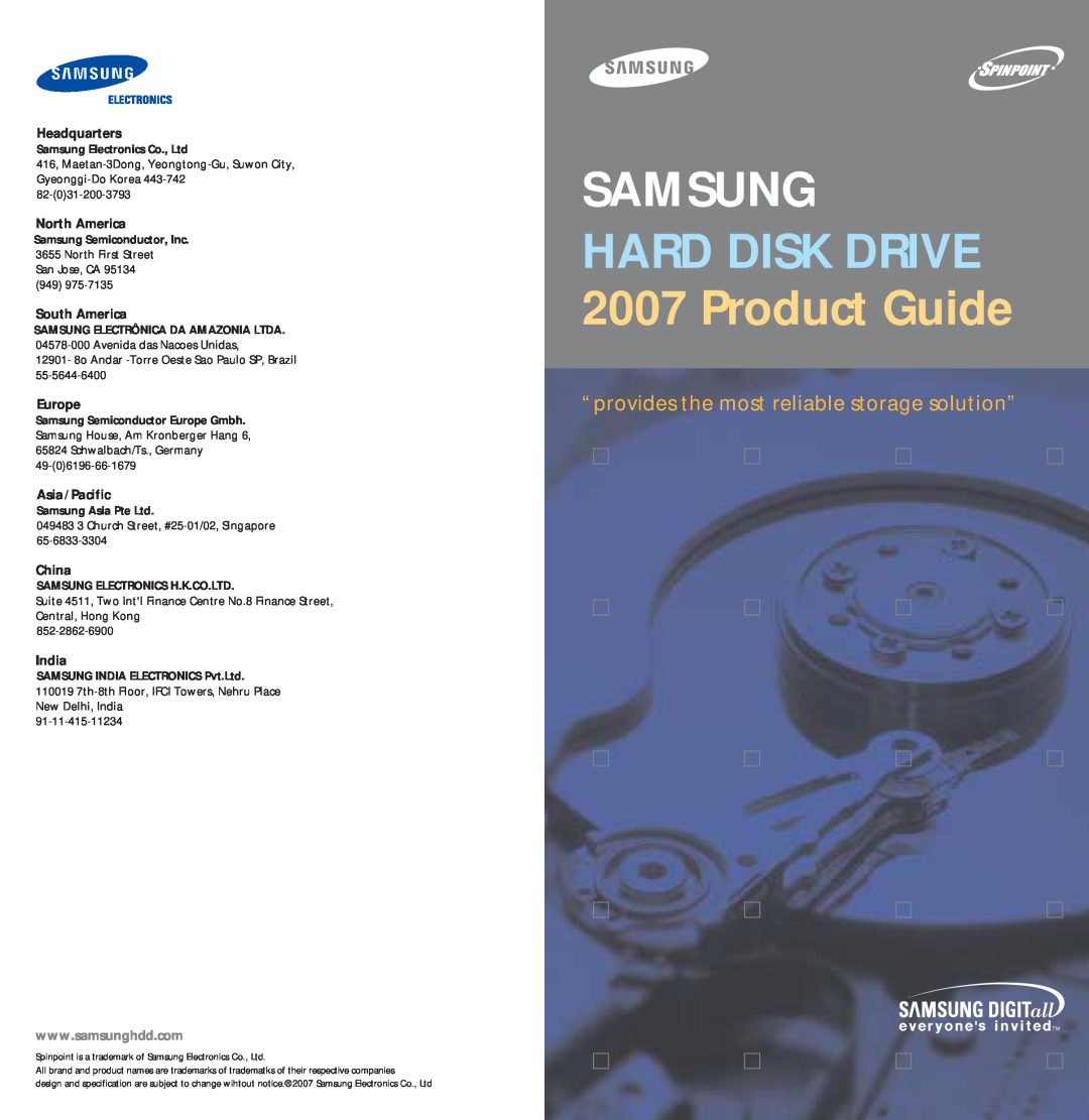 Samsung HD400LJ manual Samsung, HARD DISK DRIVE 2007 Product Guide, “provides the most reliable storage solution”, Europe 