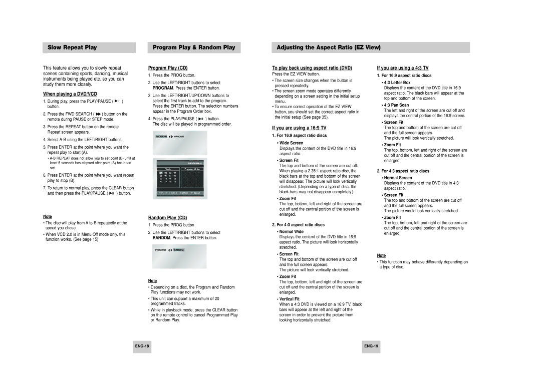 Samsung HD948-XSS manual When playing a DVD/VCD, Program Play CD, Random Play CD, To play back using aspect ratio DVD 