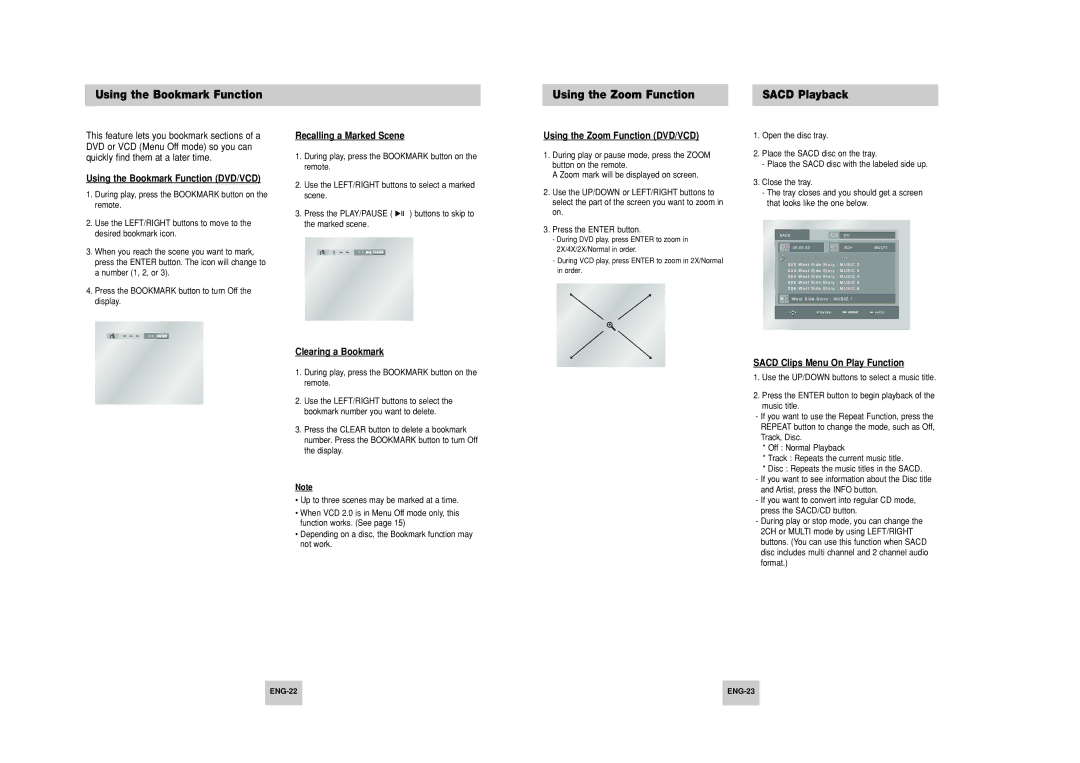 Samsung HD948-XSS manual Using the Bookmark Function DVD/VCD, Recalling a Marked Scene, Sacd Clips Menu On Play Function 