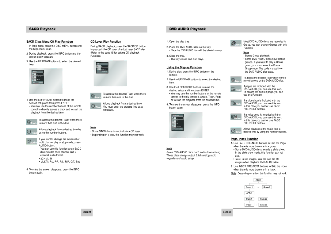 Samsung HD948-XSS DVD Audio Playback, Sacd Clips Menu Off Play Function, CD Layer Play Function, Page, Index Function 