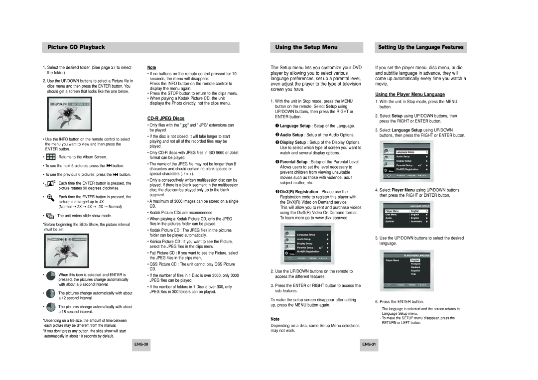 Samsung HD948-XSS Picture CD Playback Using the Setup Menu, Using the Player Menu Language, CD-R Jpeg Discs, ENG-30 ENG-31 