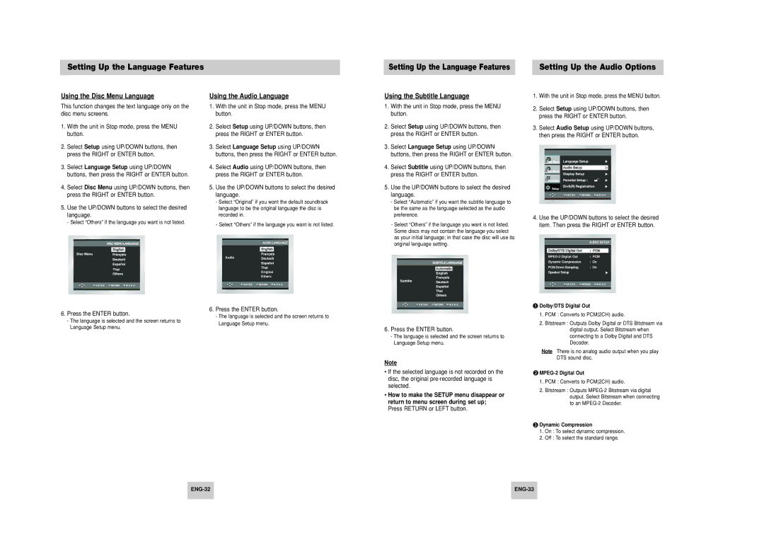 Samsung HD948-XSS manual Setting Up the Language Features, Setting Up the Audio Options, Using the Disc Menu Language 