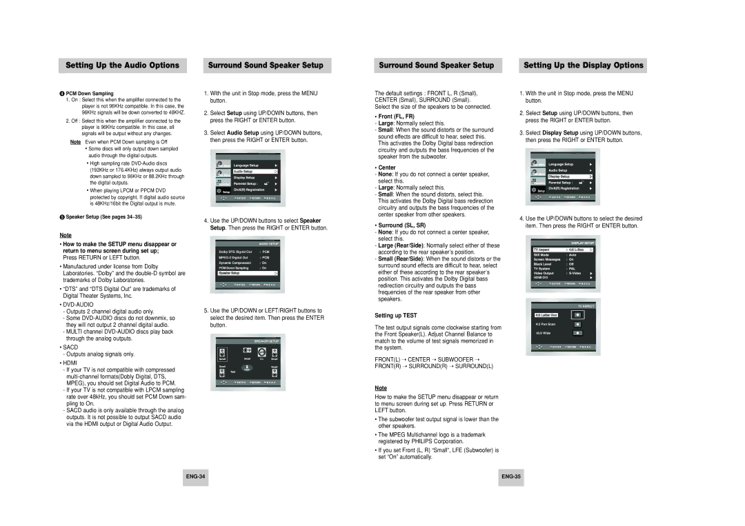 Samsung HD948-XSS manual Surround Sound Speaker Setup Setting Up the Display Options 