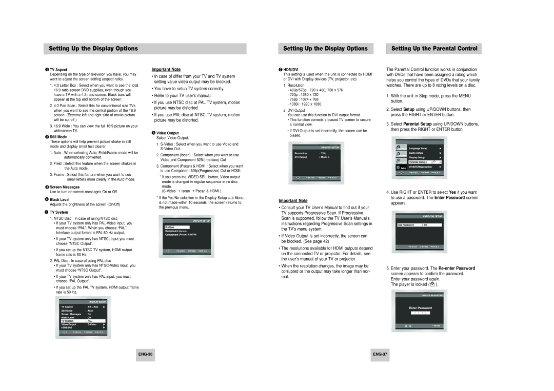 Samsung HD948-XSS manual Important Note, ENG-36 ENG-37, Hdm/Dvi 