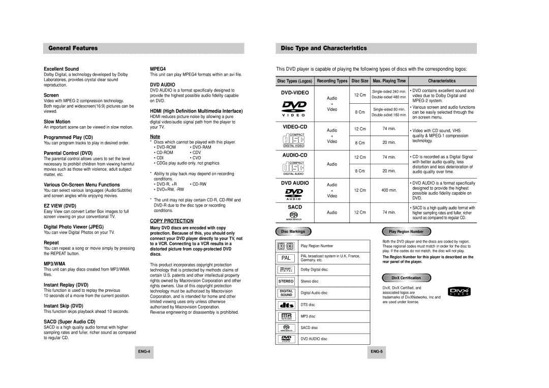 Samsung HD948-XSS manual General Features, Disc Type and Characteristics 