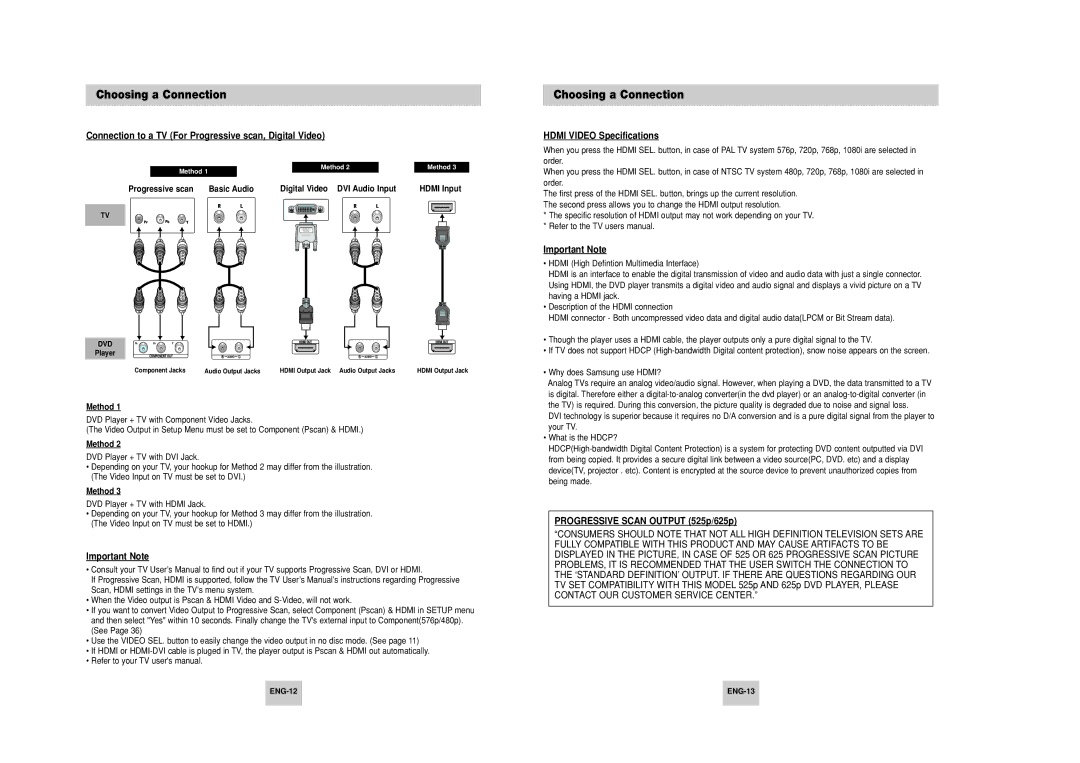 Samsung HD948-XSS manual Connection to a TV For Progressive scan, Digital Video, Hdmi Video Specifications, ENG-12 ENG-13 