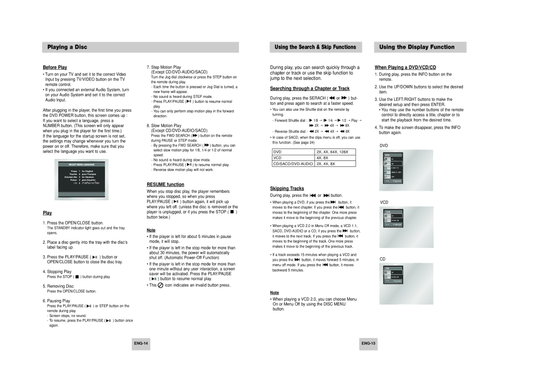 Samsung HD948-XSS manual Playing a Disc, Using the Display Function 