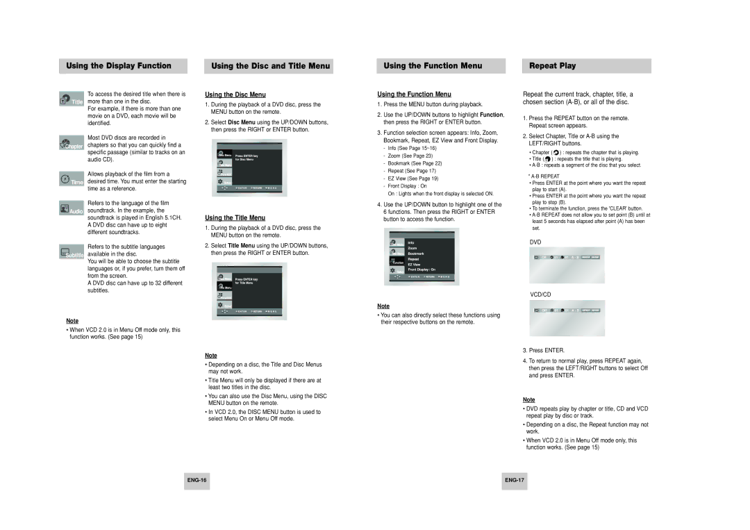 Samsung HD948-XSS manual Using the Disc Menu, Using the Title Menu, Using the Function Menu, Vcd/Cd, ENG-16 ENG-17 