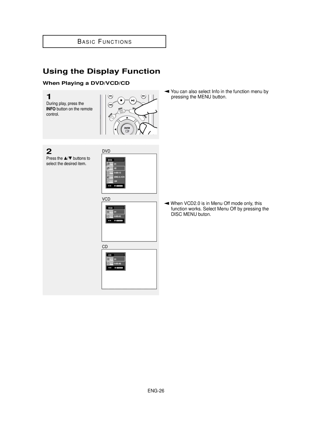 Samsung HD950 manual Using the Display Function, When Playing a DVD/VCD/CD, ENG-26 