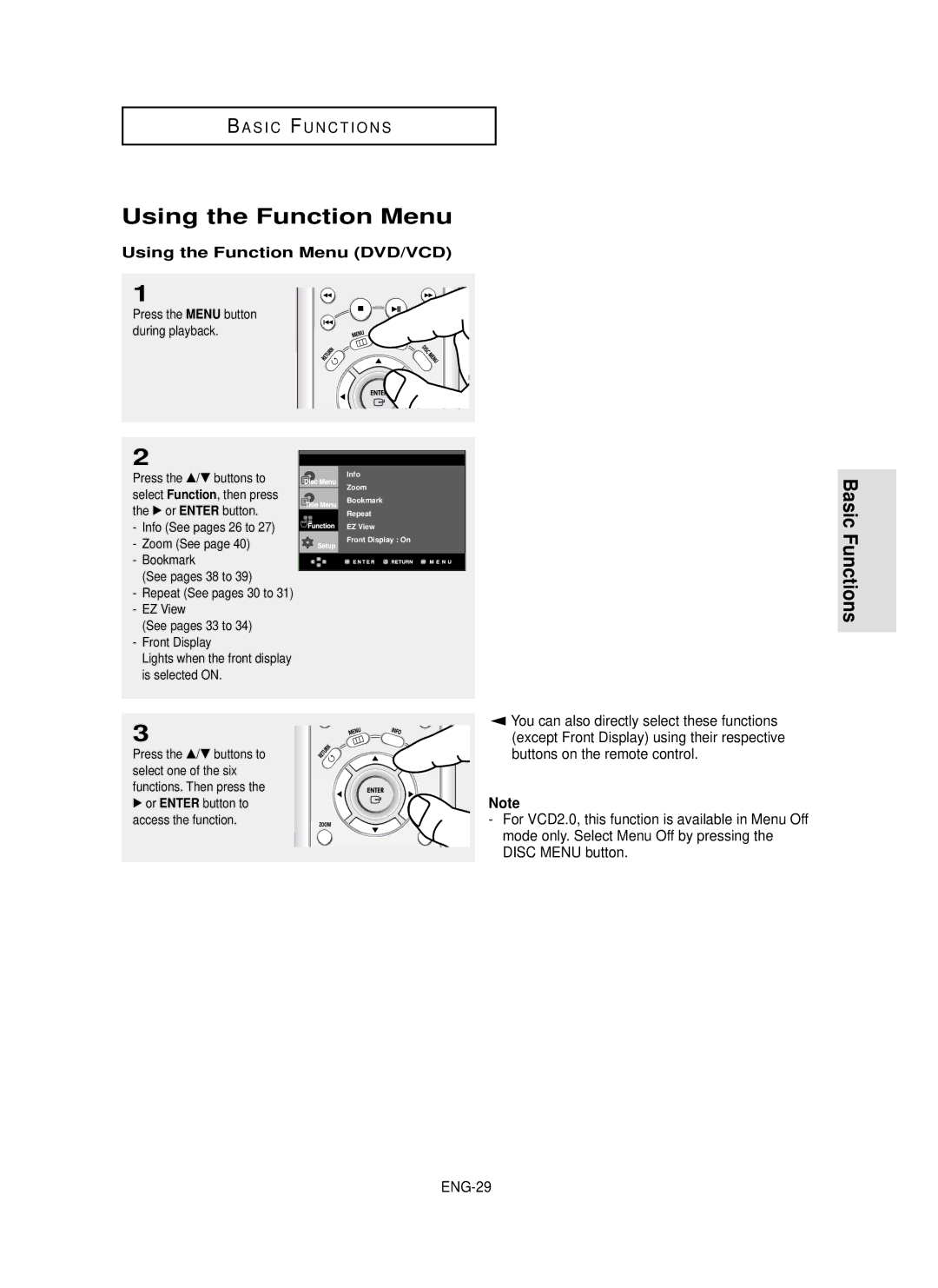 Samsung HD950 manual Using the Function Menu DVD/VCD, Disc Menu button, ENG-29, Buttons on the remote control 