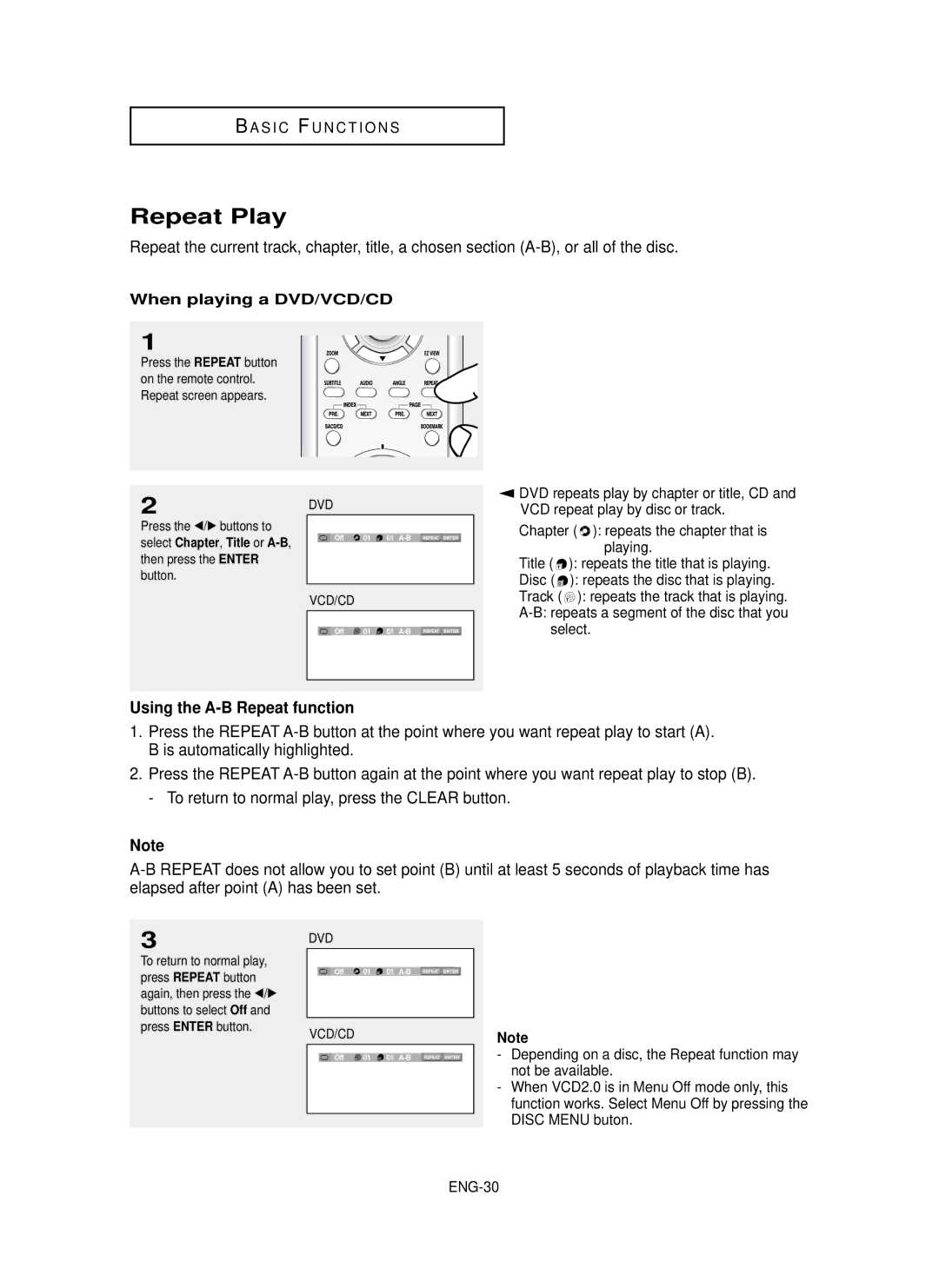 Samsung HD950 manual Repeat Play, Using the A-B Repeat function 