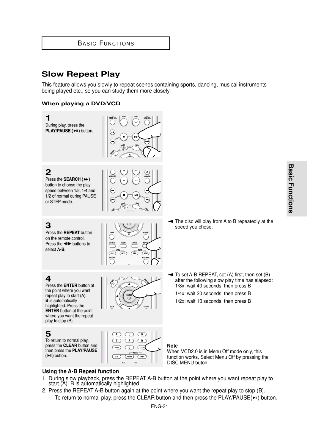 Samsung HD950 manual Slow Repeat Play, When playing a DVD/VCD, Disc Menu buton, ENG-31, PLAY/PAUSE button 