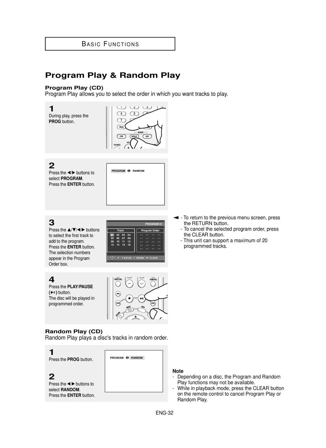 Samsung HD950 manual Program Play & Random Play, Random Play plays a discs tracks in random order, Random Play CD, ENG-32 