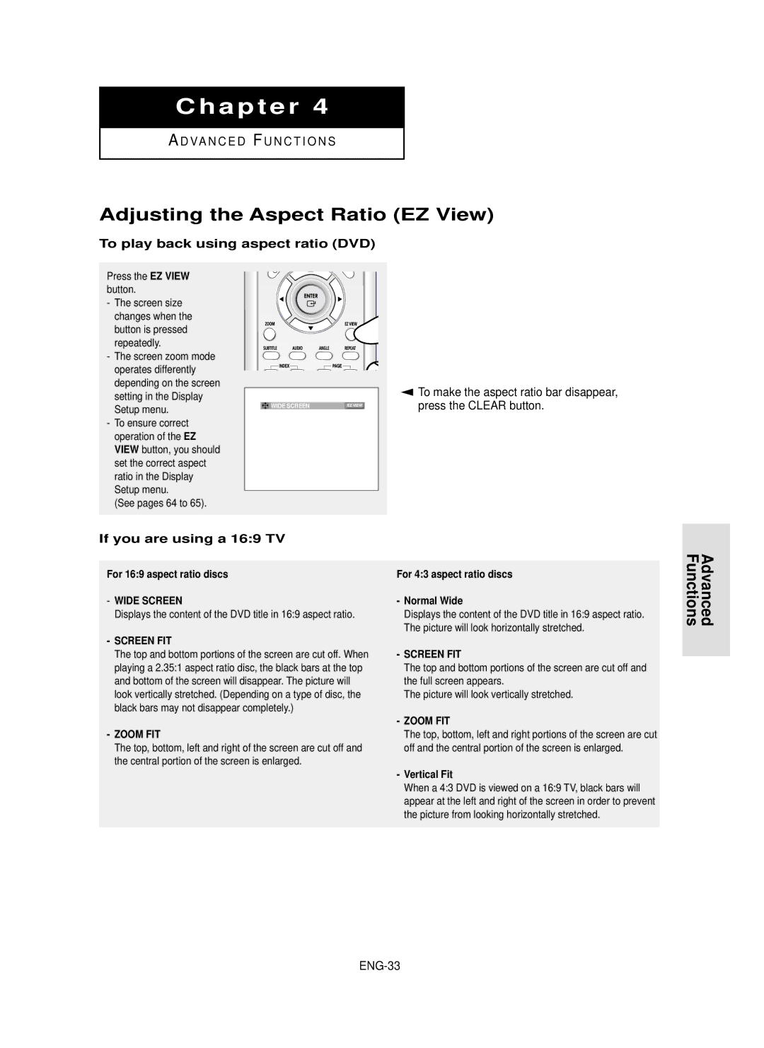 Samsung HD950 Adjusting the Aspect Ratio EZ View, To play back using aspect ratio DVD, If you are using a 169 TV, ENG-33 