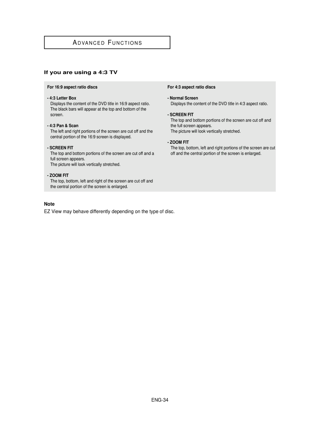 Samsung HD950 manual If you are using a 43 TV, ENG-34, For 169 aspect ratio discs 43 Letter Box, Pan & Scan 